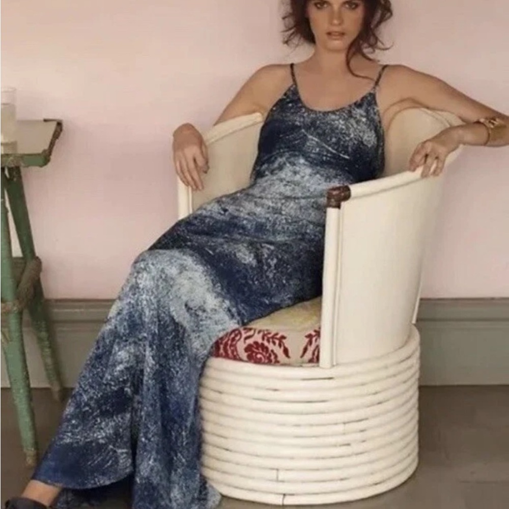 PARTIMI Anthropologie Cobalt-Splashed 100% Silk Maxi Dress Blue Resort Size 6